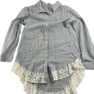 Umgee Button Top Size Small Striped‎ Roll Tab Lace Trim Long Sleeve